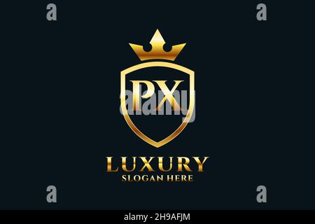 PX elegant luxury monogram logo or badge template with scrolls and royal crown - perfect for luxurious branding projects Stock Vector
