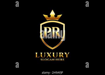 PR elegant luxury monogram logo or badge template with scrolls and royal crown - perfect for luxurious branding projects Stock Vector