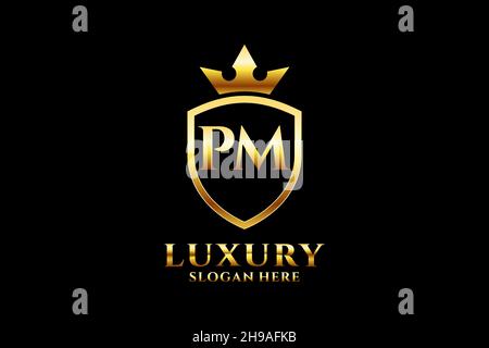PM elegant luxury monogram logo or badge template with scrolls and royal crown - perfect for luxurious branding projects Stock Vector