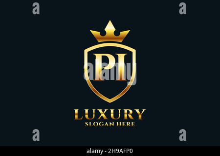 PI elegant luxury monogram logo or badge template with scrolls and royal crown - perfect for luxurious branding projects Stock Vector