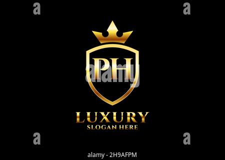 PH elegant luxury monogram logo or badge template with scrolls and royal crown - perfect for luxurious branding projects Stock Vector