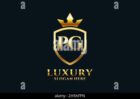 PG elegant luxury monogram logo or badge template with scrolls and royal crown - perfect for luxurious branding projects Stock Vector