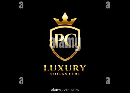 PC elegant luxury monogram logo or badge template with scrolls and royal crown - perfect for luxurious branding projects Stock Vector
