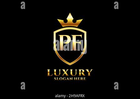 PF elegant luxury monogram logo or badge template with scrolls and royal crown - perfect for luxurious branding projects Stock Vector