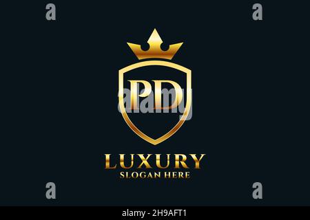 PD elegant luxury monogram logo or badge template with scrolls and royal crown - perfect for luxurious branding projects Stock Vector