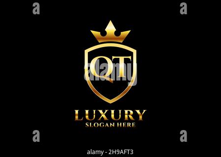 QT elegant luxury monogram logo or badge template with scrolls and royal crown - perfect for luxurious branding projects Stock Vector