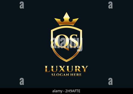 QS elegant luxury monogram logo or badge template with scrolls and royal crown - perfect for luxurious branding projects Stock Vector