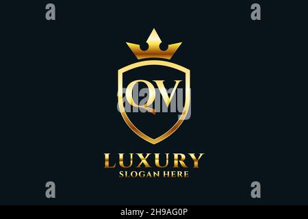 QV elegant luxury monogram logo or badge template with scrolls and royal crown - perfect for luxurious branding projects Stock Vector