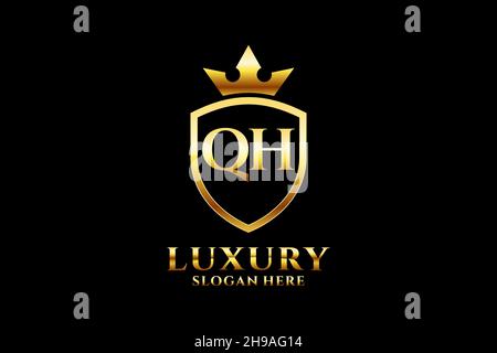 QH elegant luxury monogram logo or badge template with scrolls and royal crown - perfect for luxurious branding projects Stock Vector