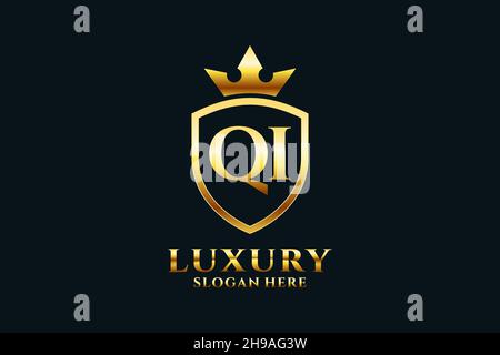 QI elegant luxury monogram logo or badge template with scrolls and royal crown - perfect for luxurious branding projects Stock Vector