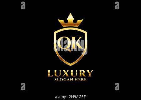 QK elegant luxury monogram logo or badge template with scrolls and royal crown - perfect for luxurious branding projects Stock Vector