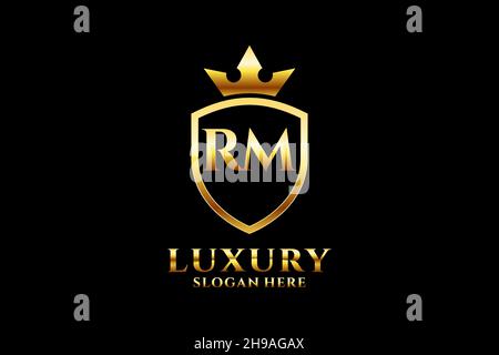 RM elegant luxury monogram logo or badge template with scrolls and royal crown - perfect for luxurious branding projects Stock Vector