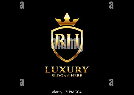 RH elegant luxury monogram logo or badge template with scrolls and royal crown - perfect for luxurious branding projects Stock Vector