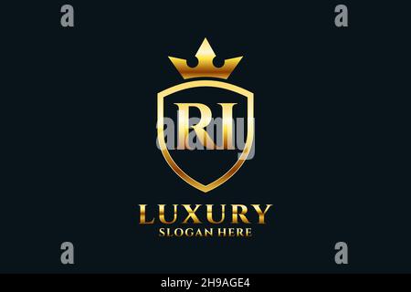 RI elegant luxury monogram logo or badge template with scrolls and royal crown - perfect for luxurious branding projects Stock Vector