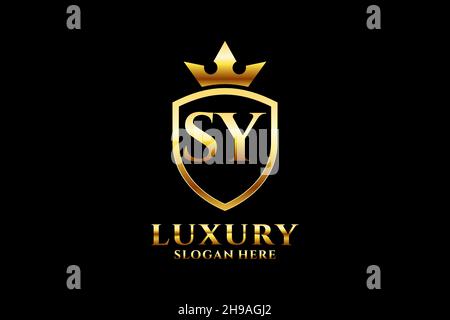 SY elegant luxury monogram logo or badge template with scrolls and royal crown - perfect for luxurious branding projects Stock Vector