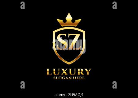 SZ elegant luxury monogram logo or badge template with scrolls and royal crown - perfect for luxurious branding projects Stock Vector