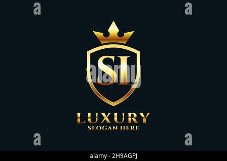 SI elegant luxury monogram logo or badge template with scrolls and royal crown - perfect for luxurious branding projects Stock Vector