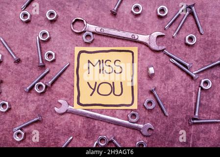 Writing displaying text Miss You. Business approach Feeling sad because you are not here anymore loving message New Ideas Brainstoming For Maintenance Stock Photo