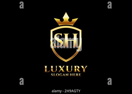SH elegant luxury monogram logo or badge template with scrolls and royal crown - perfect for luxurious branding projects Stock Vector