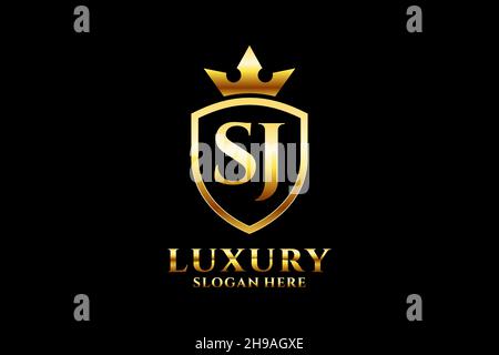 SJ elegant luxury monogram logo or badge template with scrolls and royal crown - perfect for luxurious branding projects Stock Vector