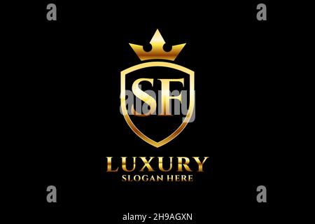 SF elegant luxury monogram logo or badge template with scrolls and royal crown - perfect for luxurious branding projects Stock Vector