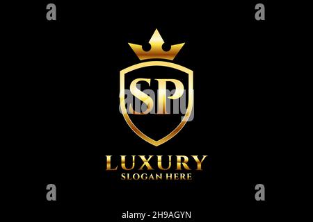SP elegant luxury monogram logo or badge template with scrolls and royal crown - perfect for luxurious branding projects Stock Vector