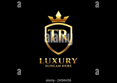 TR elegant luxury monogram logo or badge template with scrolls and royal crown - perfect for luxurious branding projects Stock Vector