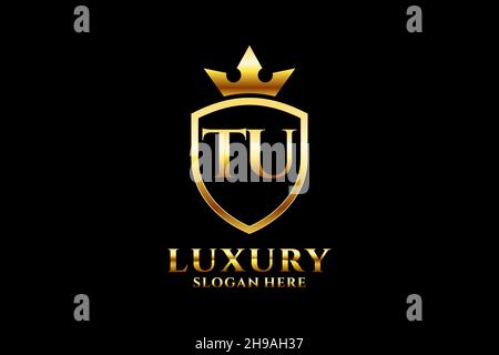 TU elegant luxury monogram logo or badge template with scrolls and royal crown - perfect for luxurious branding projects Stock Vector