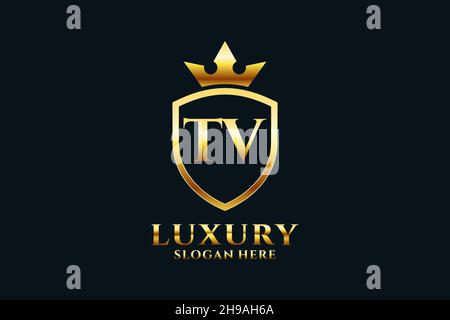 TV elegant luxury monogram logo or badge template with scrolls and royal crown - perfect for luxurious branding projects Stock Vector