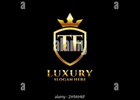 TF elegant luxury monogram logo or badge template with scrolls and royal crown - perfect for luxurious branding projects Stock Vector