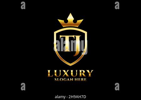 TJ elegant luxury monogram logo or badge template with scrolls and royal crown - perfect for luxurious branding projects Stock Vector