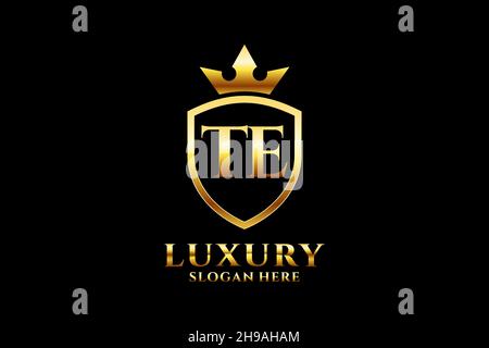 TE elegant luxury monogram logo or badge template with scrolls and royal crown - perfect for luxurious branding projects Stock Vector