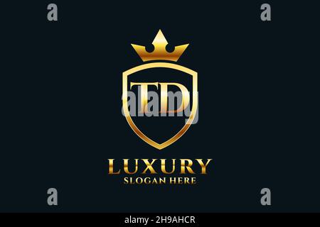 TD elegant luxury monogram logo or badge template with scrolls and royal crown - perfect for luxurious branding projects Stock Vector