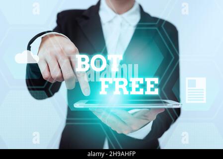 Conceptual display Bot Free. Business overview a computer program that works automatically Internet robots Lady In Suit Pointing On Tablet Showing Stock Photo