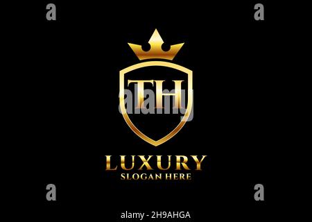 TH elegant luxury monogram logo or badge template with scrolls and royal crown - perfect for luxurious branding projects Stock Vector