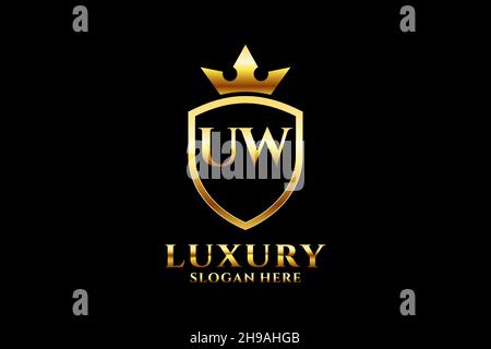 UW elegant luxury monogram logo or badge template with scrolls and royal crown - perfect for luxurious branding projects Stock Vector