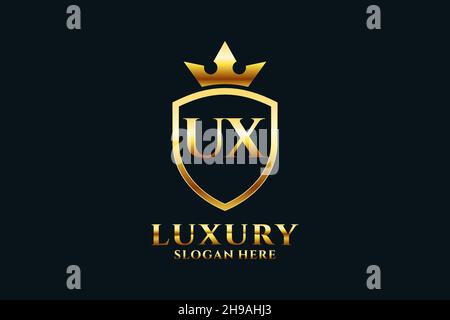 UX elegant luxury monogram logo or badge template with scrolls and royal crown - perfect for luxurious branding projects Stock Vector