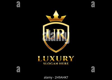 UR elegant luxury monogram logo or badge template with scrolls and royal crown - perfect for luxurious branding projects Stock Vector