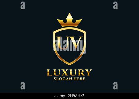 UV elegant luxury monogram logo or badge template with scrolls and royal crown - perfect for luxurious branding projects Stock Vector
