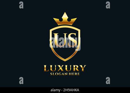 US elegant luxury monogram logo or badge template with scrolls and royal crown - perfect for luxurious branding projects Stock Vector
