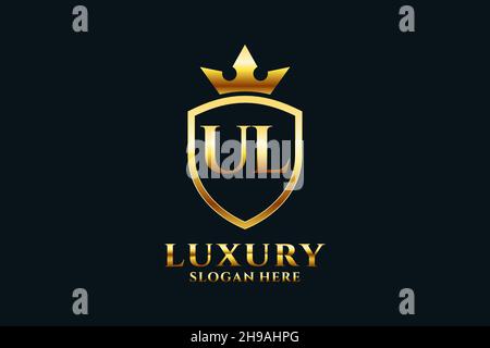 UL elegant luxury monogram logo or badge template with scrolls and royal crown - perfect for luxurious branding projects Stock Vector