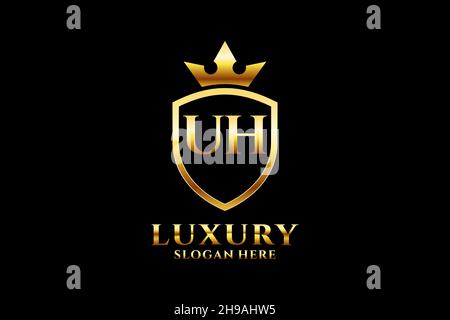 UH elegant luxury monogram logo or badge template with scrolls and royal crown - perfect for luxurious branding projects Stock Vector