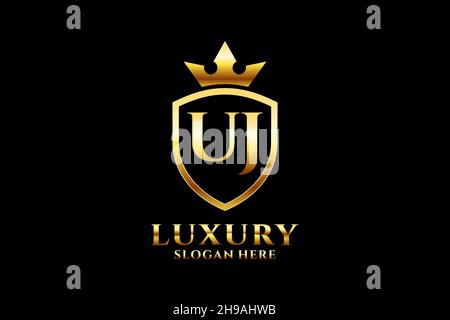 UJ elegant luxury monogram logo or badge template with scrolls and royal crown - perfect for luxurious branding projects Stock Vector