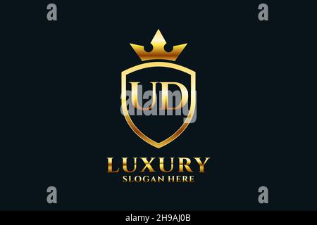 UD elegant luxury monogram logo or badge template with scrolls and royal crown - perfect for luxurious branding projects Stock Vector