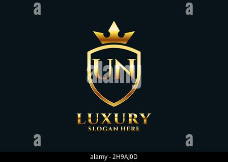 UN elegant luxury monogram logo or badge template with scrolls and royal crown - perfect for luxurious branding projects Stock Vector