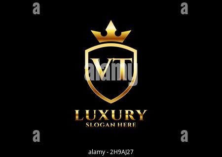 VT elegant luxury monogram logo or badge template with scrolls and royal crown - perfect for luxurious branding projects Stock Vector
