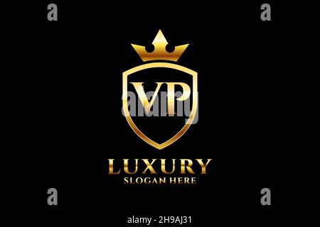 VP elegant luxury monogram logo or badge template with scrolls and royal crown - perfect for luxurious branding projects Stock Vector