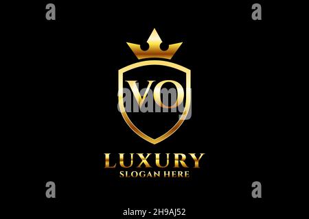 VO elegant luxury monogram logo or badge template with scrolls and royal crown - perfect for luxurious branding projects Stock Vector