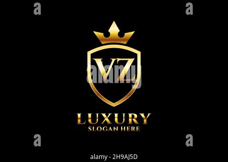 VZ elegant luxury monogram logo or badge template with scrolls and royal crown - perfect for luxurious branding projects Stock Vector
