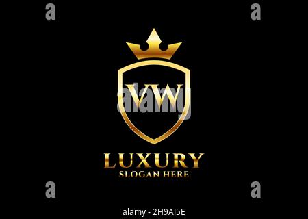 VW elegant luxury monogram logo or badge template with scrolls and royal crown - perfect for luxurious branding projects Stock Vector